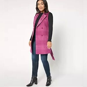 New Susan Graver Printed vest Sweater Pink Purple Animal Print Large QVC